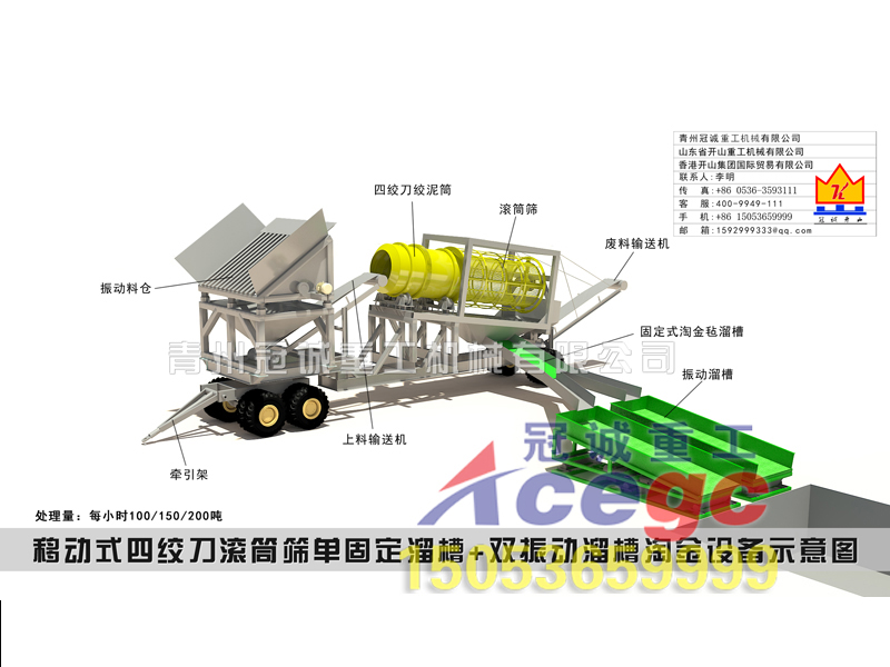 移动式四绞刀滚筒筛单固定溜槽+双振动溜槽淘金设备